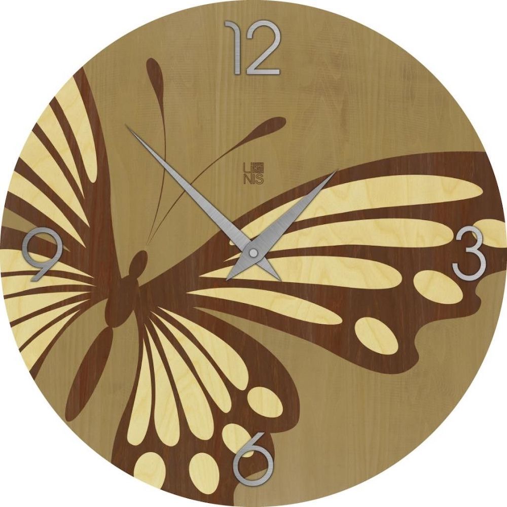 Orologio da parete in legno naturale intarsiato Butterfly